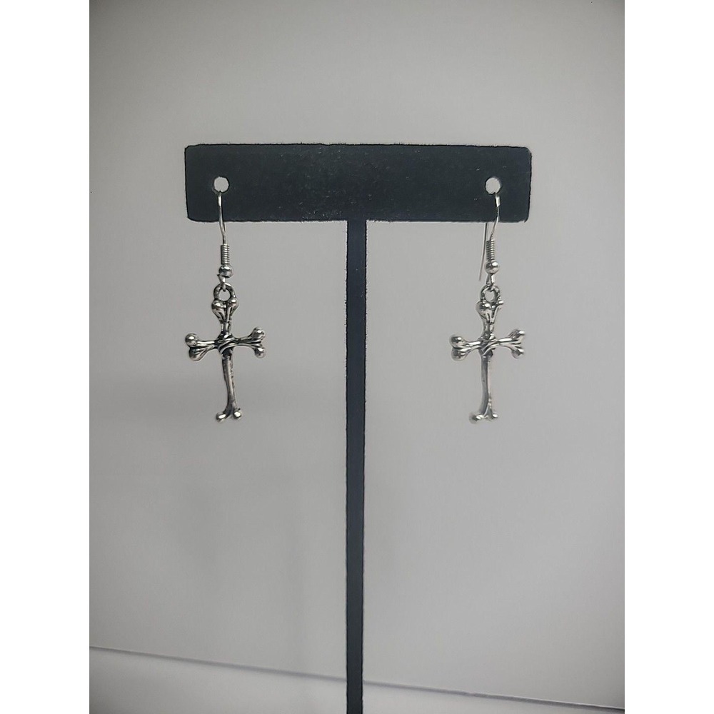 Vintage Silver Tone Cross Earrings Pierced Hooks Womens Jewelry Costume - Picture 1 of 7
